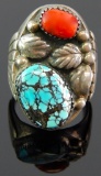 Sterling Silver Men's Turquoise & Coral Ring
