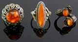 Group of 3 Sterling Silver Amber Rings