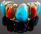 Huge Sterling Silver Turquoise & Coral Cuff Bracelet