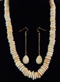 Shell Bead Necklace & White Stone Earrings