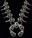 Vintage Sterling Silver & Turquoise Shadowbox Squash Blossom Necklace