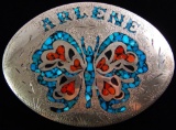 Sterling Silver & Crushed Turquoise and Coral Belt Buckle