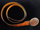 Tooled Leather Belt with Sterling Silver Coral Buckle