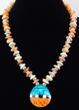 Santo Domingo Spiny Oyster Shell Turquoise Inlay Pendant Necklace