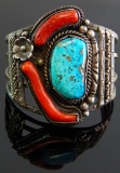 Large Sterling Silver Turquoise & Coral Cuff Bracelet