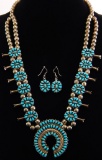 Navajo Coral & Turquoise Reversible Squash Blossom Necklace & Earrings Set