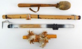 Group of 4 : Two Decorated Flutes, Drum Mallet, and a Voodoo Wand