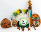 Collection of 6 : Native American Objects - Wall Decor, Rattles, Flute, and More