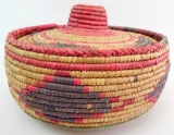 Vintage Lidded Three-Color Coiled Grass Basket