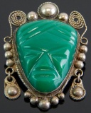 Mexican Sterling Carved Green Onyx Face Mask Brooch