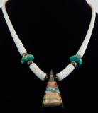 Santa Domingo Pueblo White Shell Necklace w/ Multi-stone Inlay Pendant