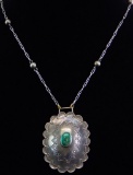 Stamped Silver and Turquoise Pendant and Chain Necklace