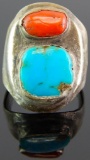 Vintage Men's Turquoise & Coral Sterling Silver Ring