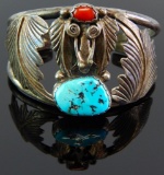 Signed Gilbert Adakai Navajo Turquoise & Coral Sterling Cuff Bracelet