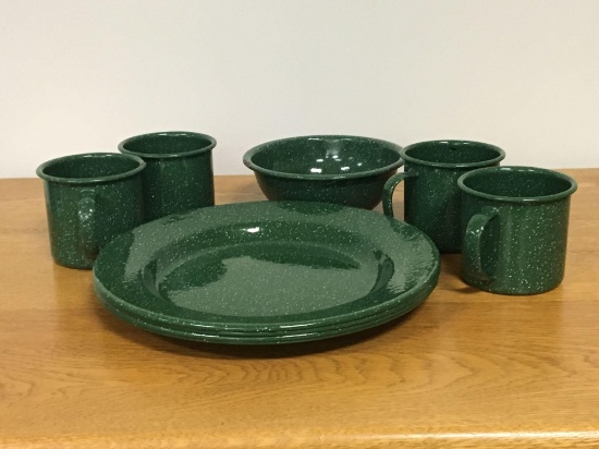 Group of Green Metal Bowls Plates and Cups