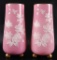 Pair of Antique Pink Cased Glass Enamel Painted Vases with Floral Design