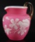 Antique Pink Satin Cased Glass Enamel Painted Creamer with Floral Design