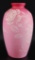 Antique Pink Satin Cased Glass Enamel Painted Vase with Floral Design