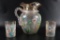 Antique Enamel Painted Ruffled Edge Pitcher with 2 Tumblers and Floral Design