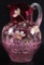 Antique Cranberry and Enamel Painted Pitcher with Floral Design