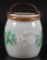 Antique Opalescent Glass Toothpick Holder with Enamel Floral Design and Brass Handle