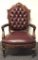 Antique Burgundy Leather Tuck Point Walnut Chair with Casters