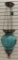 Antique Teal Molded Glass Hanging Lamp with Ornate Metal Collar