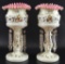 Pair of Antique Cased Glass Jack in the Pulpit Enamel Painted Mantle Lusters with Hanging Crystals