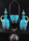 Antique Blue Cased Glass Cruet Set with Ornate Basket and Enamel Painted Children Playing Scenes