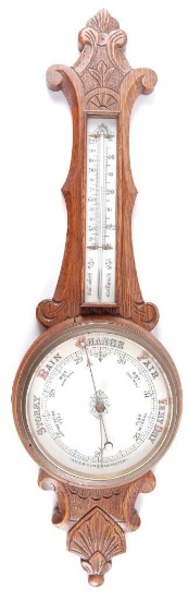Antique Carved Oak Aneroid Barometer with Beveled Glass