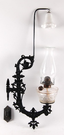 Antique Scovill Cast Iron Wall Sconce with Smoke Bell and Early Pressed Glass Lamp