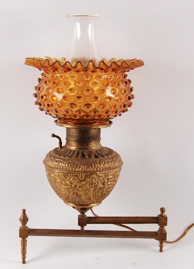 Antique Brass Wall Sconce with Hobnail Amber Shade