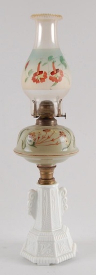Antique Queen Ann No.1 Oil Lamp with Milk Glass Base and Hand painted Enamel Floral Design