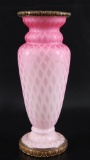 Antique Pink Cased and Satin Glass Vase with Brass Rim