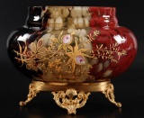 Antique Tortoise Art Glass Confetti and Floral Enamel Design Dresser Vase