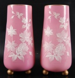 Pair of Antique Pink Cased Glass Enamel Painted Vases with Floral Design