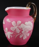 Antique Pink Satin Cased Glass Enamel Painted Creamer with Floral Design