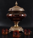 Antique Amberina Punch Bowl with 3 Coin Dot Glasses and Ornate Base