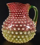 Antique Cranberry and Vaseline Glass Opalescent Hobnail Pitcher