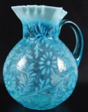 Antique Blue Opalescent Daisy and Fern Pattern Ribbon Edge Pitcher