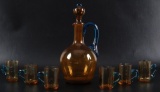 Antique Amber and Blue Glass Cruet with 6 Cups