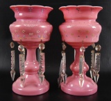 Pair of Antique Pink Cased Glass Enamel Painted Lusters
