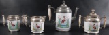 Antique Porcelain Enamel Tea Set with Cream, Sugar, Tea Pot, and Jar