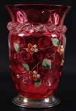 Antique Cranberry Coin Dot Enamel Painted Vase with Sterling Base and Floral Design