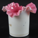 Antique Pink Cased Glass Ruffled and Ribbon Edge Toothpick Holder with Enamel Floral Design