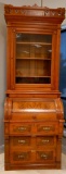 Antique Burled Walnut Cylinder Top Desk and Bookcase