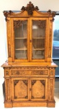 Antique Elaborately Detailed Quartersawn Oak Drop Front Desk and Bookcase with Burl Walnut Panels