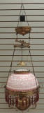 Antique Brass Hanging Lamp with Pink and White Cameo Milk Glass Shade