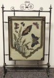 Antique Beveled Glass Fireplace Screen with Beaded Butterfly Design