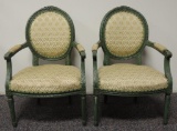 Pair of Antique Green Painted Chairs with Floral Pattern Seats